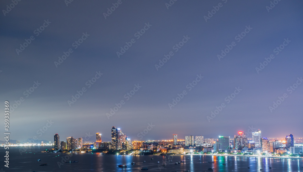 Night view of the city  of Pattaya at night with glittering lights impresses tourists.