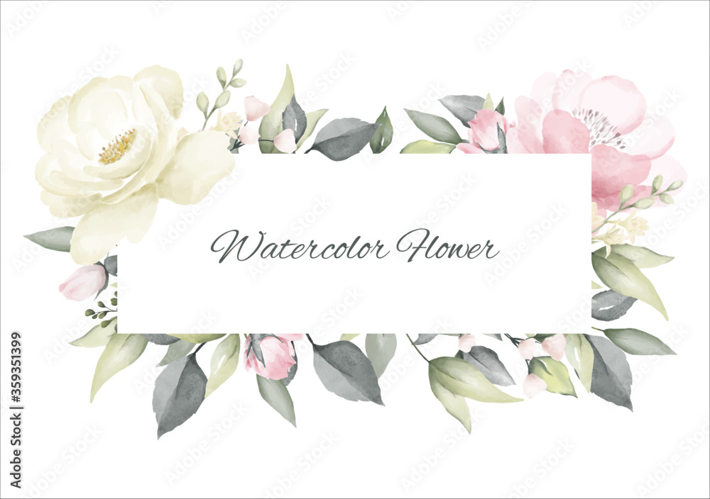 Rose flower watercolor pink and white color frame background design wedding invitation card.