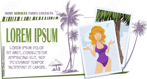 Photos from vacation. Girl in swimsuit on recreation. Funny people.