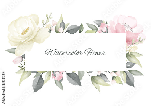 Rose flower watercolor pink and white color frame background design wedding invitation card.