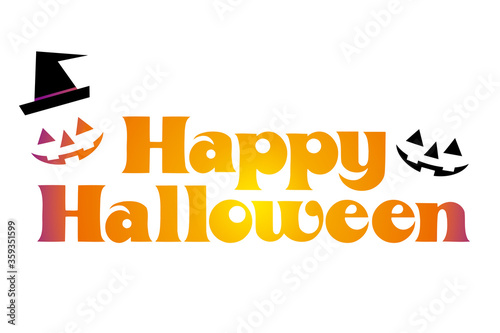 イラストと一体化したハロウィンロゴ（英字）｜魔女と蜘蛛の巣　Happy Halloween logo design