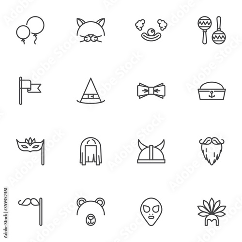 Costume party line icons set, outline vector symbol collection, linear style pictogram pack. Signs, logo illustration. Set includes icons as wig, mystery mask, alien, clown, balloons, beard, mustache