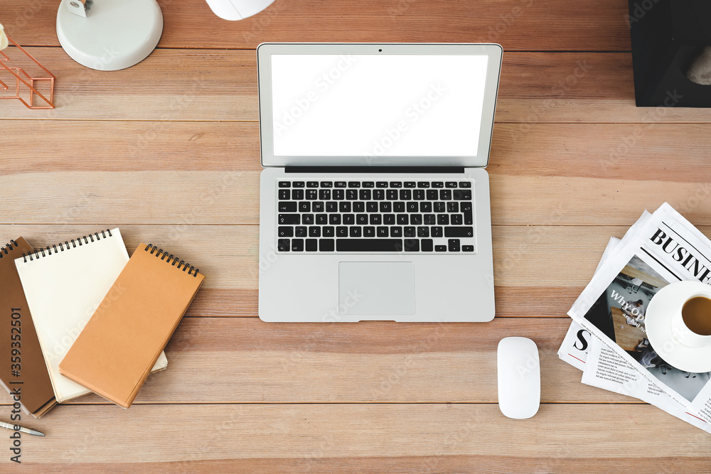 Modern workplace with laptop, top view Modern workplace with laptop, top view