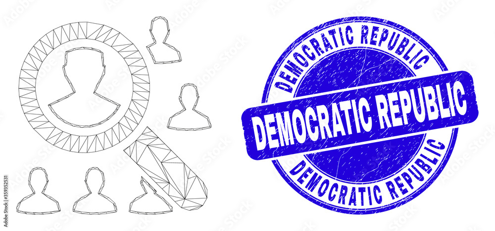 Web carcass search users icon and Democratic Republic seal stamp. Blue vector rounded grunge seal with Democratic Republic message.