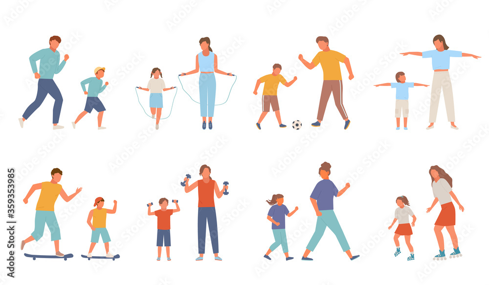 Active family sport set. Mother daughter teenager jump rope rollerblading jogging morning father son playing football skateboarding lifting dumbbells. Vector sporty cartoon rest