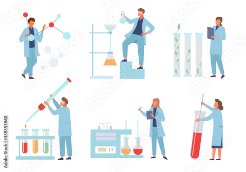 Scientists conduct biochemical experiments laboratory set. Checking molecular structure coronovirus color vaccine researcher collects statistics plant growth stimulants. Scientific flat vector