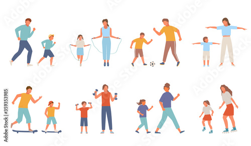 Active family sport set. Mother daughter teenager jump rope rollerblading jogging morning father son playing football skateboarding lifting dumbbells. Vector sporty cartoon rest