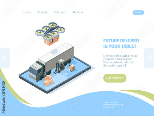 Delivery future by drones landing page isometric concept. Modern service remote logistics goods online managing viewing results using tablet sending quadrocopters couriers. Digital isometric vector.