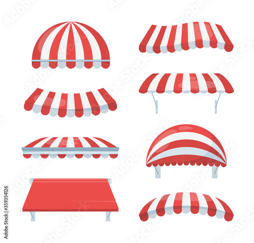 Canopy striped set. Fashionable red white awnings shelter from rain sun necessary accessory cafe retail element of architecture circus summer theater. Cartoon shadow vector.