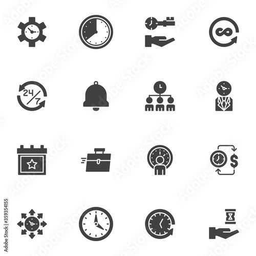 Business and time management vector icons set, modern solid symbol collection, filled style pictogram pack. Signs, logo illustration. Set includes icons as work reminder, working hours, clock time