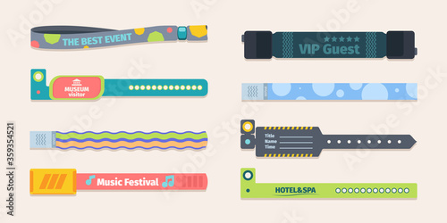 Plastic control bracelets template set. Colorful silicone bandages character identification events music concert free access hotel spa area VIP client admission museum. Personality vector style.