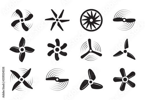 Propellers silhouette set. Modern retro coolers turbine rotary turbulence airplanes stylish ventilation cooling systems graphic power air flow ship rotation energy. Aerial vector silhouette.