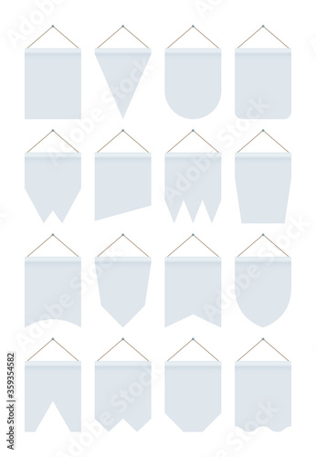 Hanger pennant banner mockup set. Empty stylish various heraldic geometric shapes checkboxes template space billboard textured fabric business presentation. Vector mockup.