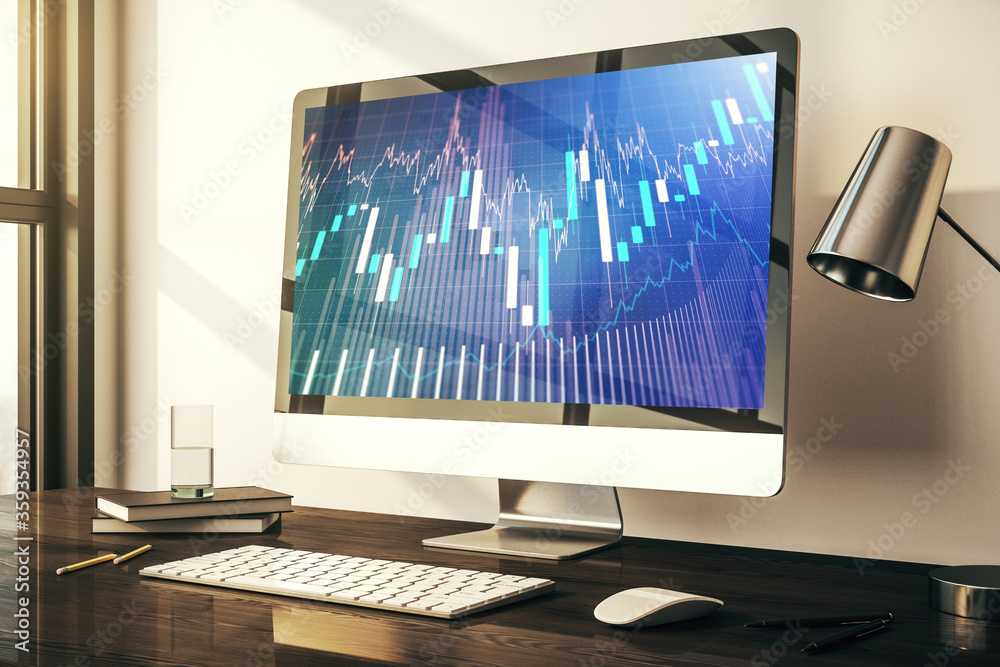 Modern computer monitor with abstract creative financial chart, research and strategy concept. 3D Rendering