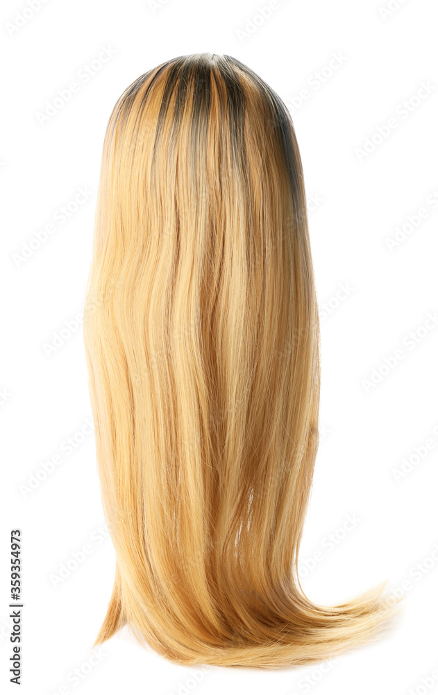 Mannequin with female wig on white background, back view Mannequin with female wig on white background, back view