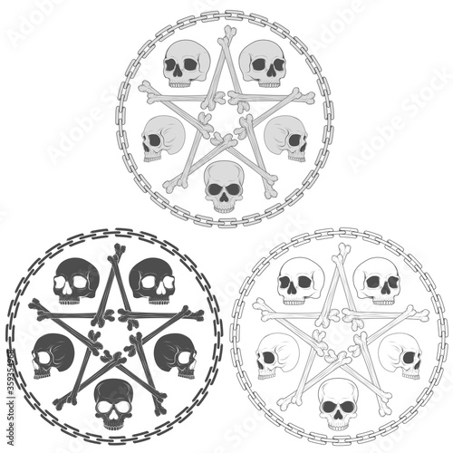 Vector illustration of skulls with bone stara surrounded by a chain circle, in grayscale