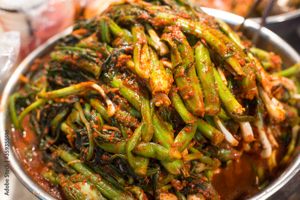 Korean traditional food Leaf mustard Kimchi. pickled mustard leaves and
