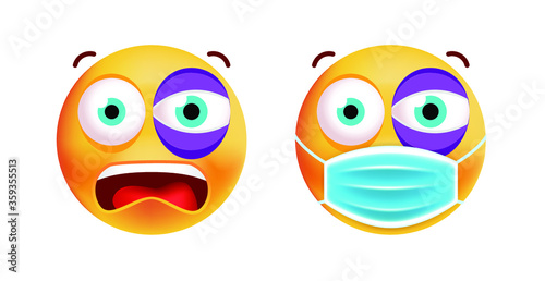 Cute Emoticon with Black Eye with Mask on White Background . Isolated Vector Illustration 