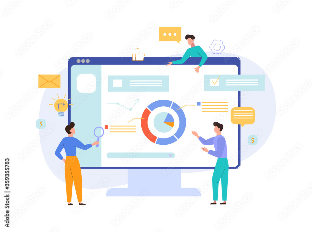 Infographic website visiting concept. Seo testers analyze corporate website for number visits orders new ideas optimizing availability contextual advertising. Business vector flat style. - obrazy, fototapety, plakaty 