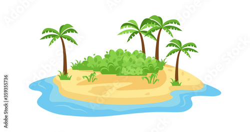 Tropical island in ocean. Small island with convenient sandy beach dense green shrubs center spreading palm trees along perimeter platform oceanic summer landscape. Flat vector vacation.