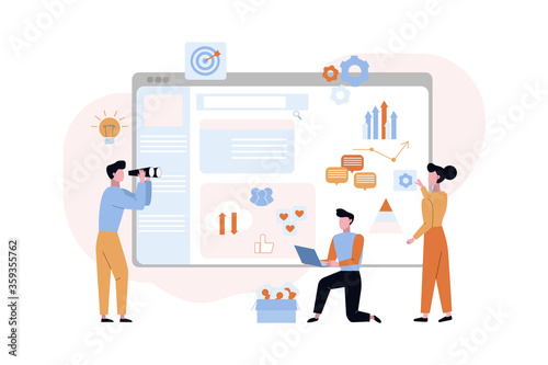 Promotion website debugging concept. Seo marketers programmers connect analyze corporate website configure contextual advertising edit update information on main page. Vector cartoon style.