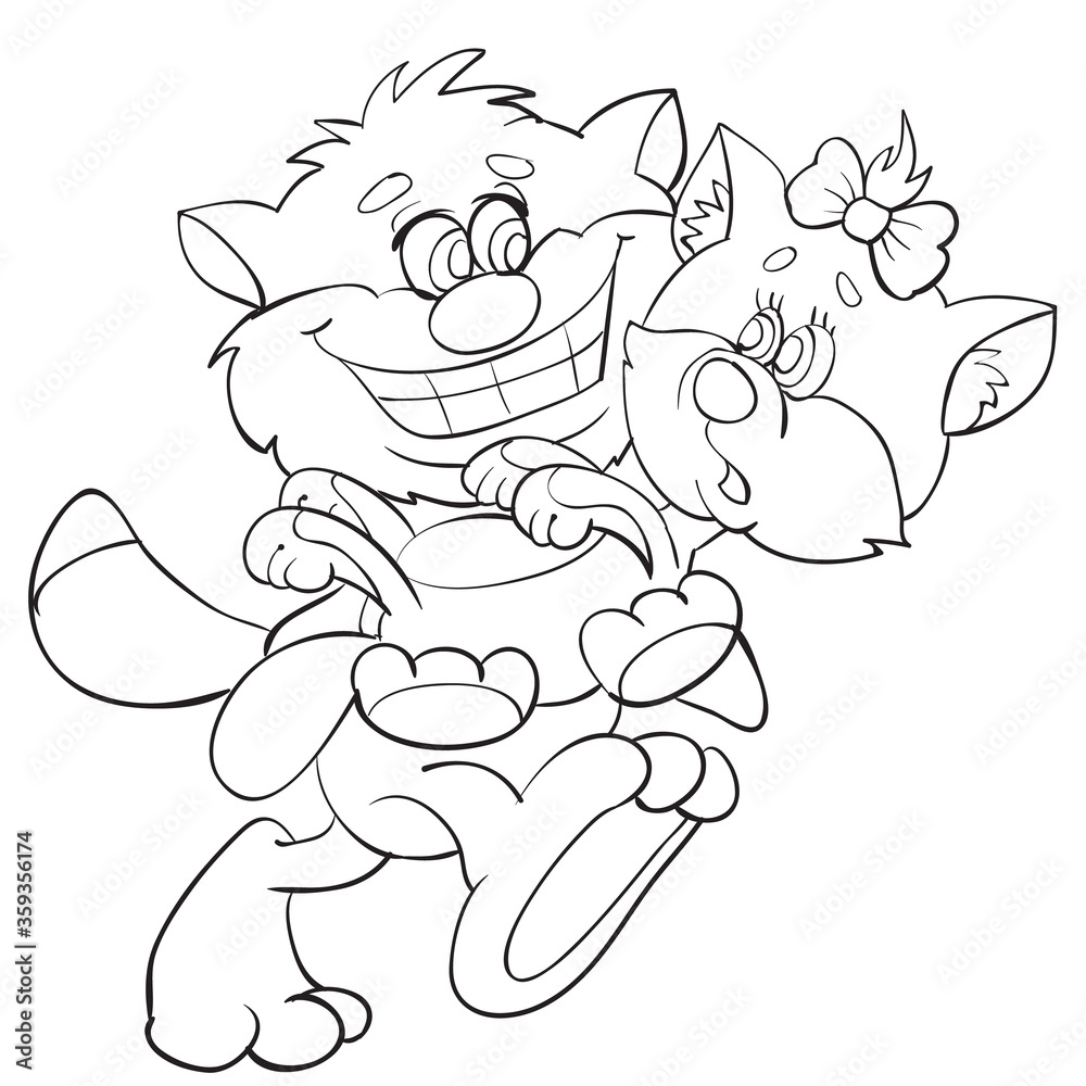 sketch, cat carries a cat, love, spring, cartoon illustration, coloring, isolated object on a white background, vector illustration,