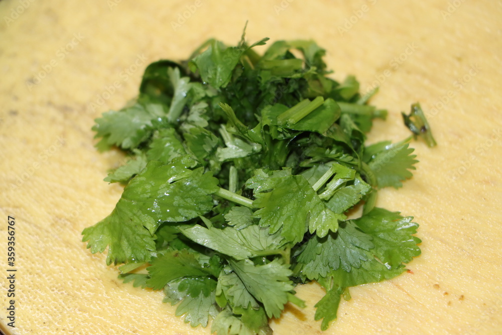 chopped coriander leaves on chopping board chopped coriander leaves on chopping board