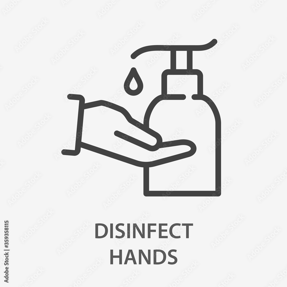 Hand wash in sanitizer line icon on white background. Hand wash in sanitizer line icon on white background.