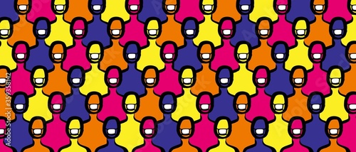 Crowd on the street wearing masks to prevent disease, coronavirus, flu, air pollution, contaminated air, world pollution. Vector illustration.Hand drawn lines. 