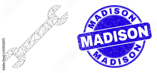 Web carcass settings gear pictogram and Madison seal stamp. Blue vector round textured seal stamp with Madison message. Abstract carcass mesh polygonal model created from settings gear pictogram.