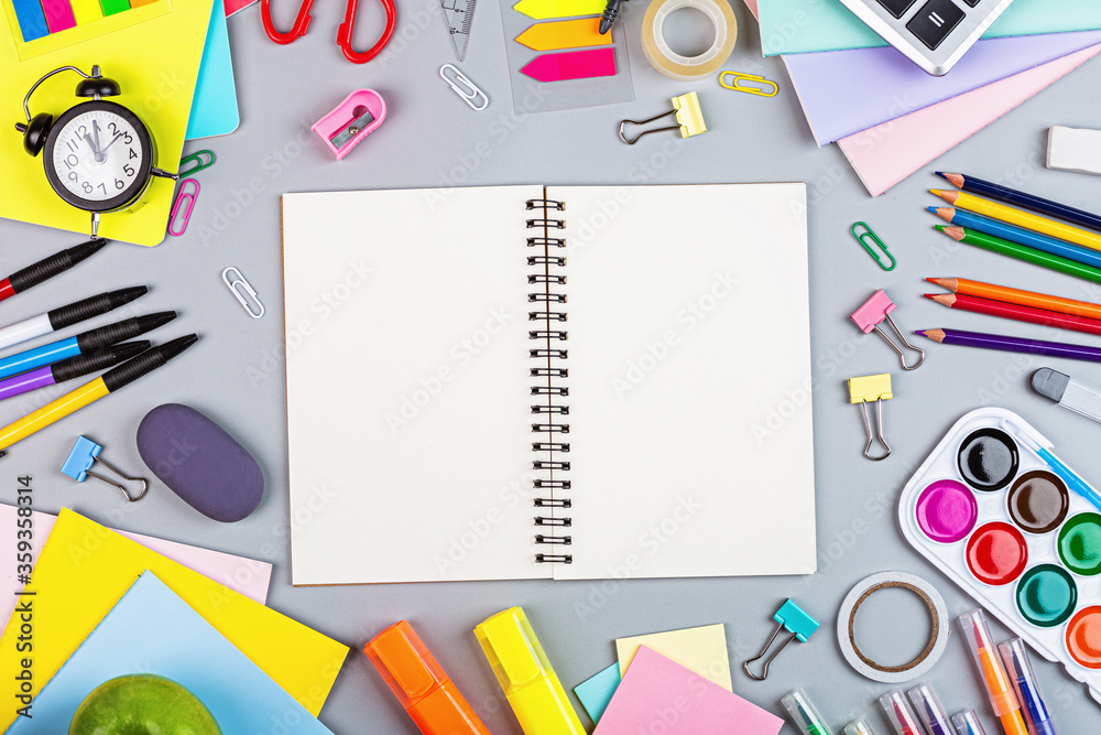 Back to School background with place for text. Collection of school supplies in a bright flat style. Educational concept. Copy space, mockup, template Back to School background with place for text. Collection of school supplies in a bright flat style. Educational concept. Copy space, mockup, template