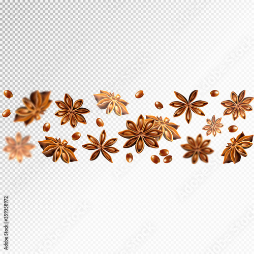 Seamless star anise border. Quality realistic vector, 3d illustration