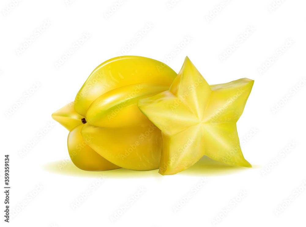 Vector realistic illustration two carambolas - starfruits isolated on white background, 3d Vector realistic illustration two carambolas - starfruits isolated on white background, 3d