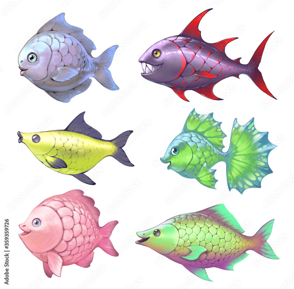 Set of original raster digital cartoon fish of various shape and form