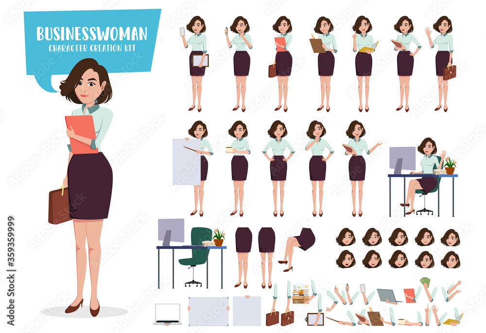 Obraz premium Businesswoman character creation vector set. Business woman characters female office employee staff demo presentation editable create face and body parts movement. Vector illustration