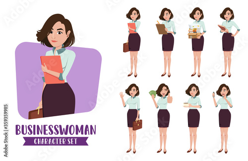 Businesswoman character vector set. Business woman characters female office employee in different standing pose and gestures for staff collection design. Vector illustration 