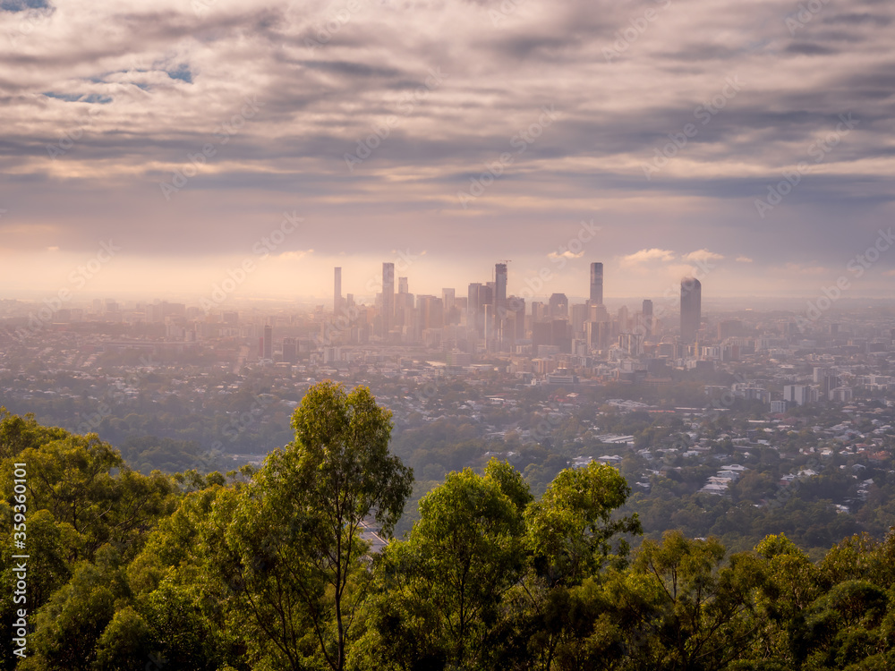 Brisbane City Skyline on a Misty Day with Low Cloud