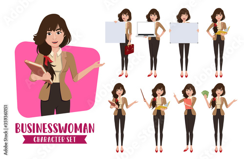 Business woman teacher character vector set. Business woman characters female office employee or teacher in presentation pose for corporate sales collection design. Vector illustration 