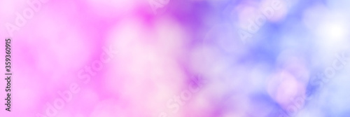 Colorful bokeh background. Business blurry wallpaper. Abstract soft texture. Dreamy sunlights. Card decoration. Glamour backdrop. Pink, purple and blue. Horizontal banner