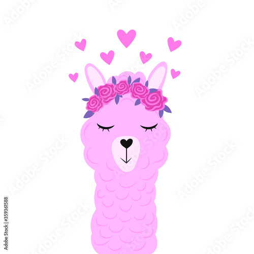 Cute cartoon llama with a wreath of flowers on her head. Pink roses and hearts. Flat vector illustration isolated on white background.