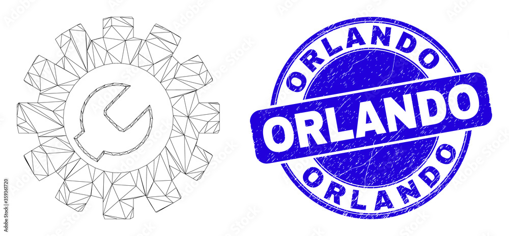 Web carcass setup tools pictogram and Orlando seal stamp. Blue vector rounded textured seal stamp with Orlando title. Abstract carcass mesh polygonal model created from setup tools icon.