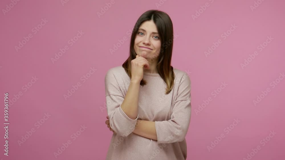 Confused upset brunette woman suspecting problem and thinking over solution, having doubts shrugging shoulders in bewilderment, pondering dilemma. indoor studio shot isolated on pink background Confused upset brunette woman suspecting problem and thinking over solution, having doubts shrugging shoulders in bewilderment, pondering dilemma. indoor studio shot isolated on pink background