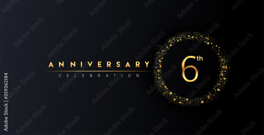 Fototapeta premium 6th anniversary logo with confetti and golden glitter ring isolated on black background, vector design for greeting card and invitation card.
