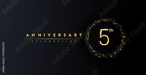 5th anniversary logo with confetti and golden glitter ring isolated on black background, vector design for greeting card and invitation card.