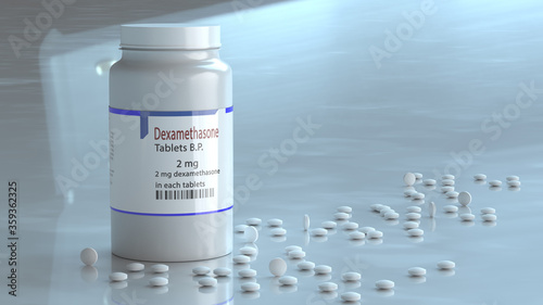 dexamethasone tablets - a breakthrough in the treatment of coronavirus Sars-cov-2. 3D illustration. photo