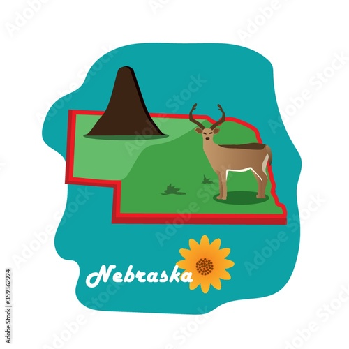 nebraska state map with white-tailed deer