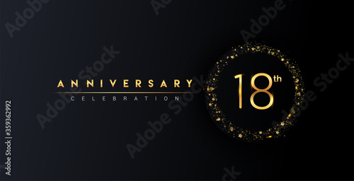 Canvas Print 18th anniversary logo with confetti and golden glitter ring isolated on black background, vector design for greeting card and invitation card