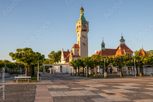 The historic buildings of the city of Sopot seaside resort in the light of summer morning