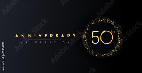 50th anniversary logo with confetti and golden glitter ring isolated on black background, vector design for greeting card and invitation card.