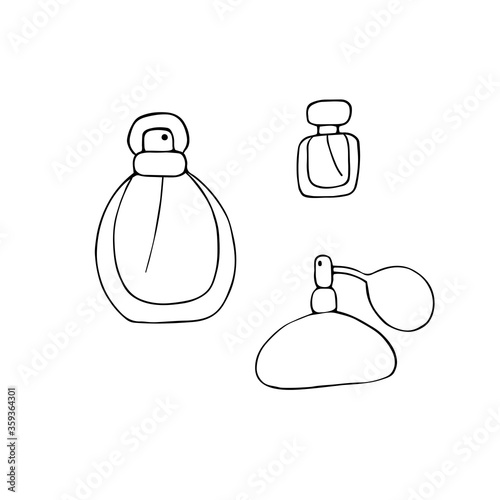 Perfume icons set. Different shapes of bottles. Fragrance signs. Doodle hand drawn vector graphic